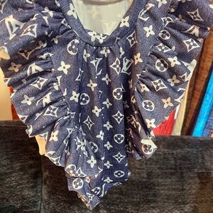 Louis Vuitton Navy and White Monogram Ruffle Kids One-Piece Swimwear